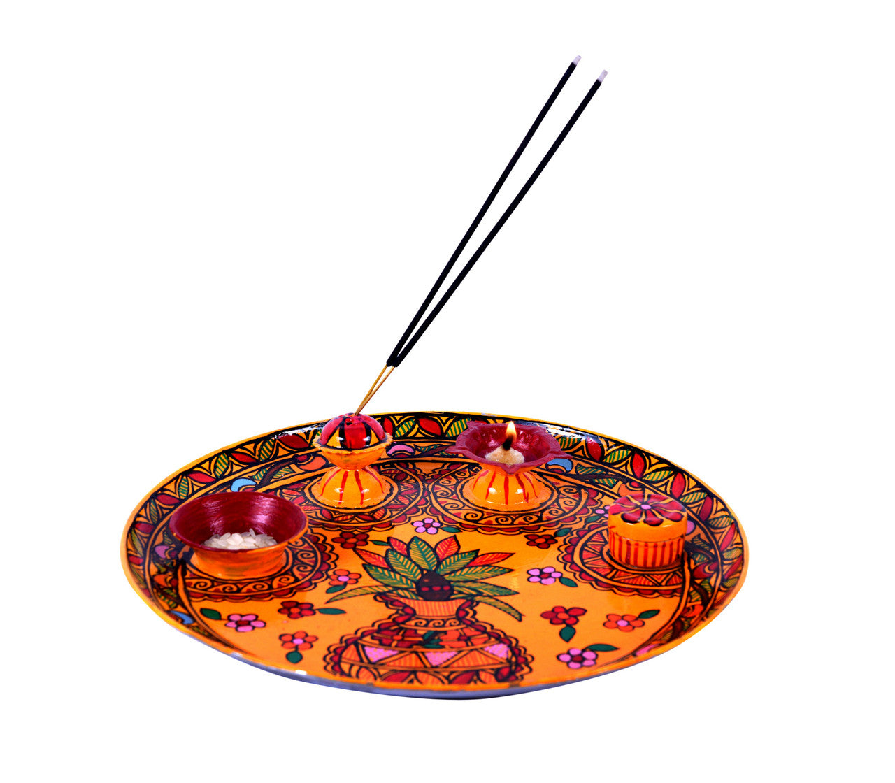 Hand Painted yellow Puja Thali With Diya: Arti Thali